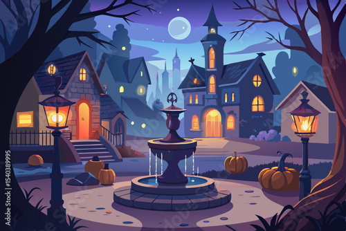 Spooky Halloween night with a haunted castle, dark sky, full moon, and scary trees silhouette, a perfect illustration for the holiday