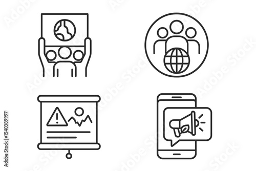 Ecological Icons Collection. Line style icons of ecological disasters and response: climate protest icon, activist group badge,