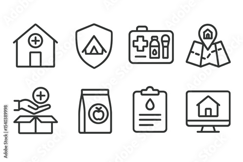 Ecological Disaster Icons. Line style icons of ecological disasters and response: emergency shelter icon, disaster tent badge,