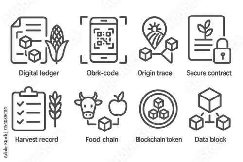 Blockchain in Farming Icons. Line style icons of blockchain in farming: digital ledger, scan QR, origin trace, secure contract.