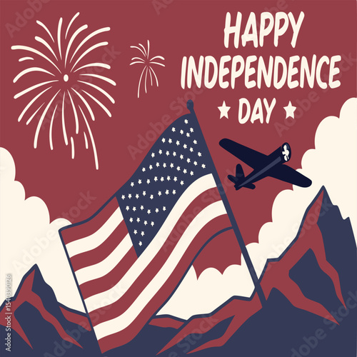 4th of July Celebration with American Flag, Fireworks, and Military Aircraft Flyover