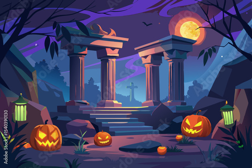Spooky Halloween night with scary pumpkins, bats, and a full moon, perfect for a dark autumn celebration