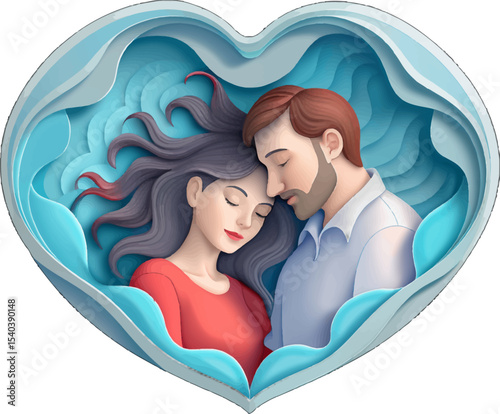 Eternal Embrace: An intimate portrait of a tender couple locked in a loving embrace within a delicately crafted heart, symbolizing everlasting love, harmony, and affection.
