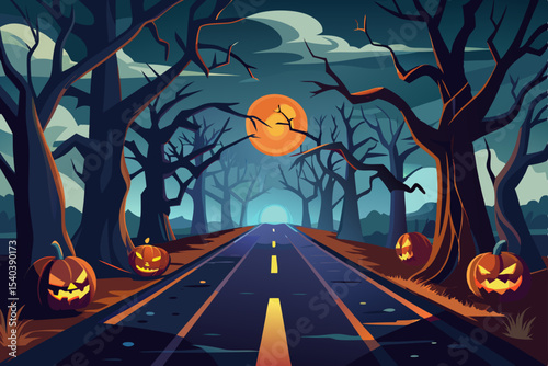 Autumn Halloween night road with pumpkins, bats, and car lights