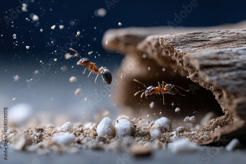 This dynamic image captures ants in motion against a backdrop of dust and sand, showcasing their teamwork and the fundamental role they play in ecosystems.
