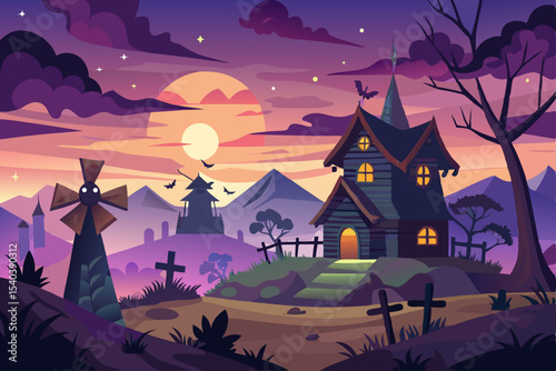 Spooky Halloween night with a haunted castle and house silhouette against a full moon, dark sky, and twisted trees