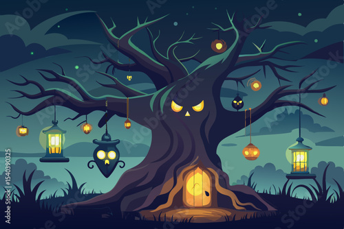 Spooky Halloween night with a haunted house, bats, and pumpkins under a full moon