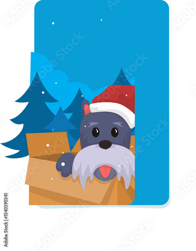 Adorable Dog in Santa Hat Inside Christmas Gift Box Illustration