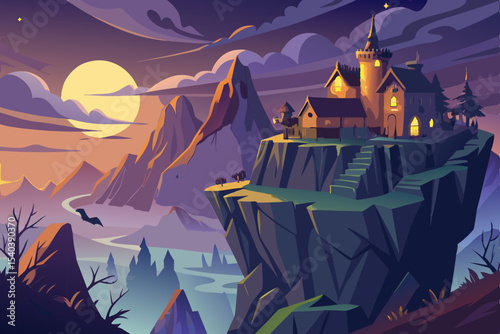 Spooky Halloween night with a haunted castle and house silhouette against a dark sky, illuminated by the moon and surrounded by trees and flying bats