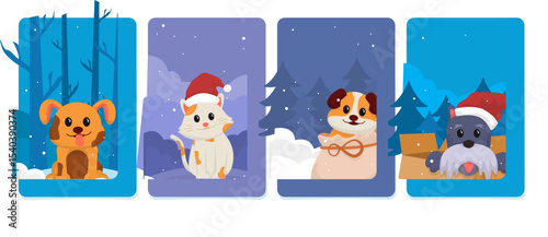 Adorable Winter Pets Festive Dogs and Cats in Snowy Scenes