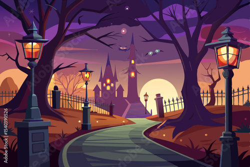 Spooky Halloween night city street illustration with a dark sky, bats, and a scary house