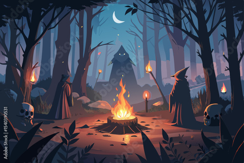 A dark, moonlit forest silhouette with a spooky Halloween glow illuminates a fantasy castle illustration