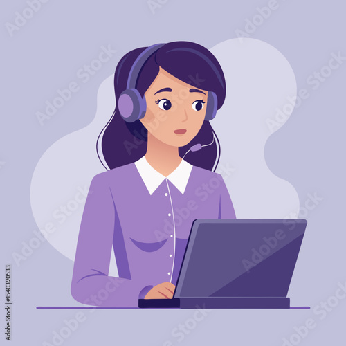 A professional female customer service agent wearing a headset works on a laptop providing excellent support