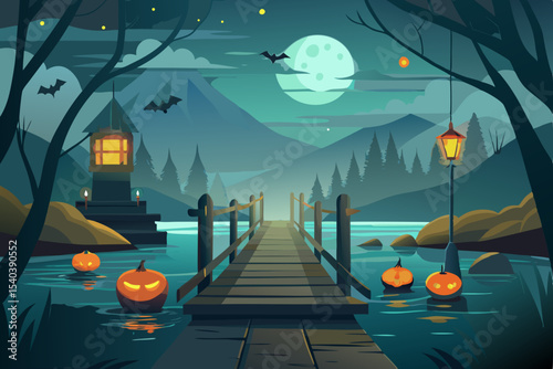Dark Halloween night illustration with a scary pumpkin in front of a haunted house under a moonlit, star-filled sky