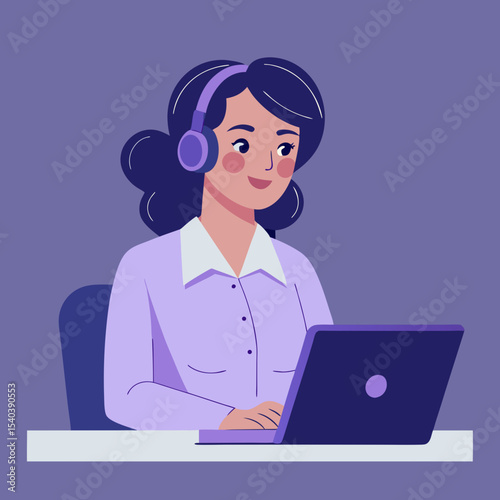 A cheerful woman works on her laptop wearing headphones a perfect design for websites blogs and social media