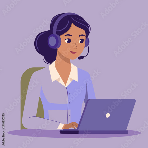 A friendly customer service representative working on a laptop with a headset provides excellent support