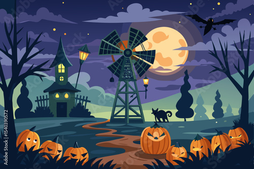 Spooky Halloween night with a dark, autumn tree silhouette, a glowing moon, and scary bats flying around an evil witch's house, all illuminated by an orange pumpkin
