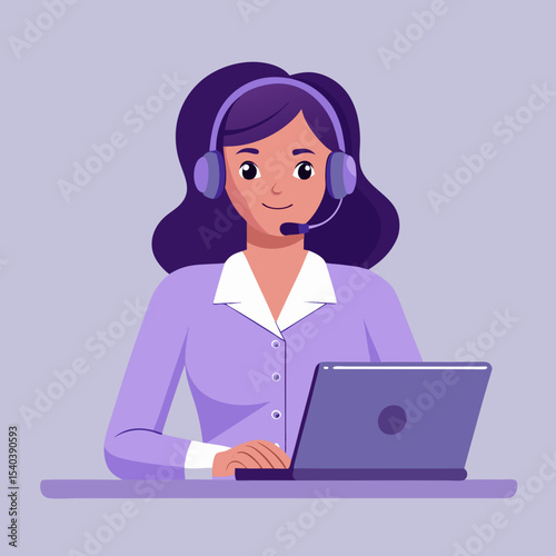 A friendly female customer service agent works on her laptop wearing a headset providing tech support