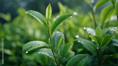 Close-up of fresh tea plant leaves glistening with dew in a lush green field at dawn