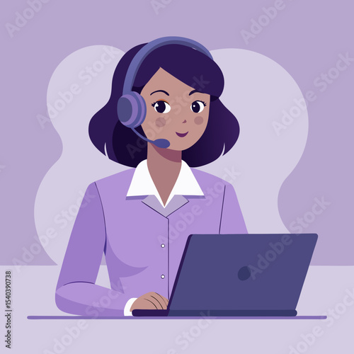 Professional Customer Support Agent Using Laptop and Headset, Perfect for Business Branding and Website Design