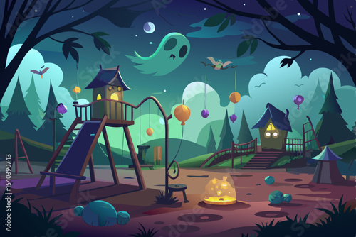 Enchanted moonlit forest illustration with silhouetted trees and autumn leaves