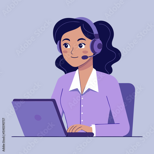 A friendly customer service representative uses a laptop and headset providing tech support