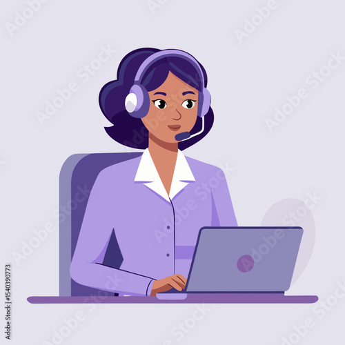 A professional female customer service representative uses a laptop and headset providing excellent support
