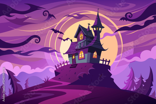 Spooky Halloween night with a haunted house and castle silhouette under a dark moon, featuring bats, pumpkins, and a scary tree illustration