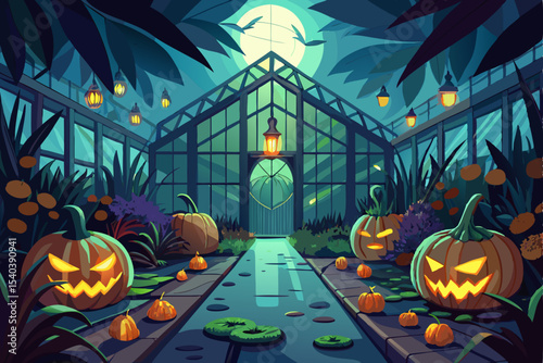 Spooky Halloween night vector illustration with a scary pumpkin, bats, and a dark castle, perfect for an October celebration