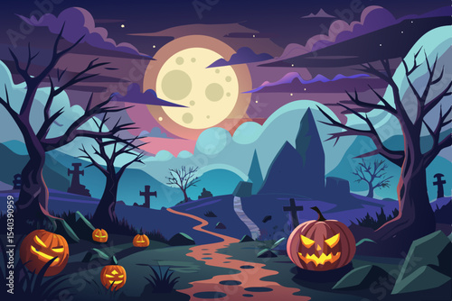 Spooky Halloween night background with pumpkins, bats, and a dark tree silhouette perfect for October celebrations