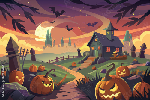 Spooky Halloween night with a haunted castle, silhouetted trees, and creepy pumpkins under a full moon