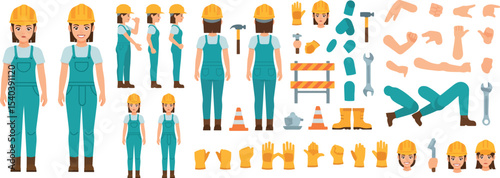 Female construction worker character creation kit cartoon style
