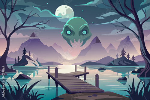 Cartoon fish swimming through the ocean at night under a moonlit sky with a mountain landscape