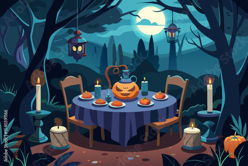 Spooky Halloween night vector illustration with a fun boy pirate, ghost, and witch under the moon by a pumpkin house and autumn trees