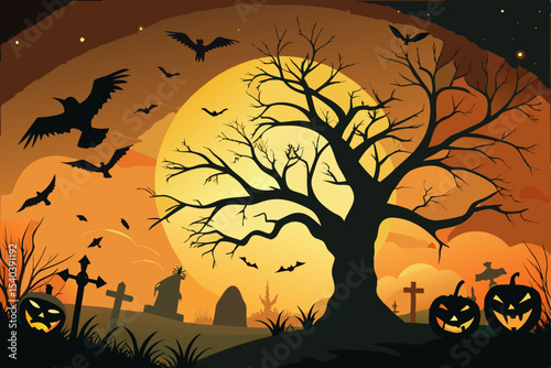 Orange sunset Halloween night with silhouetted trees, bats, and pumpkins under a spooky moonlit sky