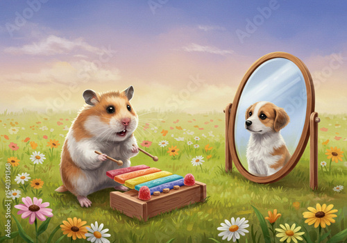 Cute Hamster Playing Xylobone with Puppy Reflection in Mirror - Illustration