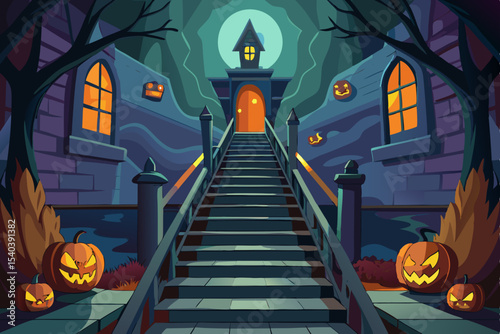 Spooky Halloween pumpkins glow on a dark autumn night, silhouetted against the moon with bats and a scary castle