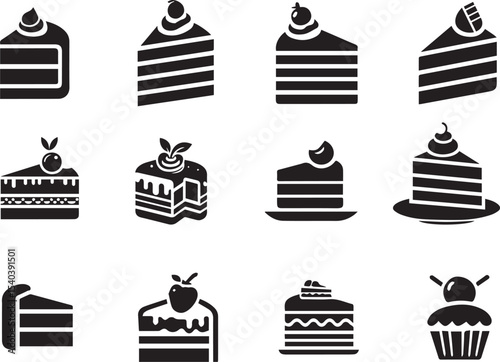 Cake slice black silhouette logo icon isolated on white background, clip art bundle set vector illustration