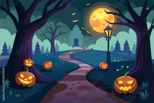 Spooky Halloween night background with pumpkins, a scary tree, and bats under an orange moon vector illustration