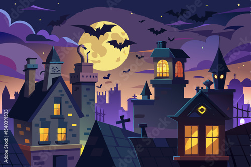 Spooky Halloween night illustration with a haunted castle, bats, and pumpkins on a dark hill