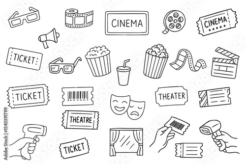 Vector illustration featuring cinema and theater themes, including film reels, popcorn, 3D glasses, tickets, theater masks, and a clapperboard. Perfect for entertainment-related designs.