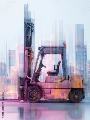 Colorful Forklift Against Urban Cityscape