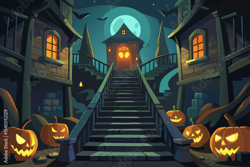 Spooky Halloween night with pumpkins, bats, and a haunted house under a full moon, perfect for an autumn holiday celebration