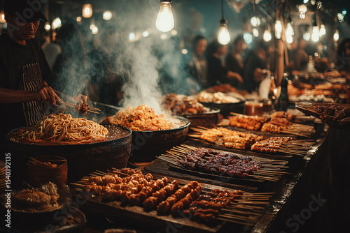Food stall at Borneo Cultural Festival serving traditional Sarawak laksa and grilled satay, steam rising in warm lights, hands exchanging dishes, festive and aromatic evening mood.