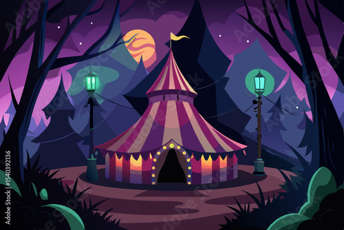 A dark illustration of a Halloween witch flying over a haunted castle with a spooky moon in the night sky
