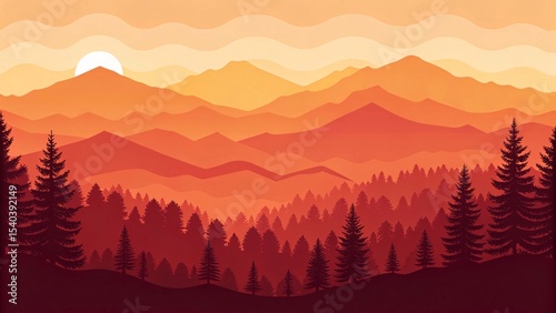 Sunset over majestic mountains and pine forest