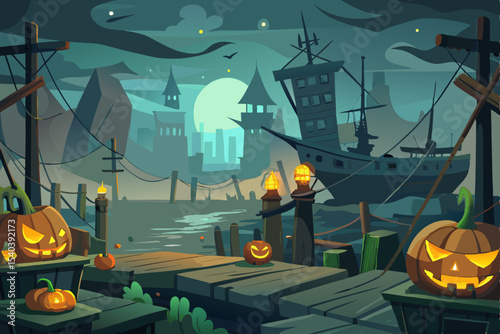 Spooky Halloween night with pumpkins, bats, and a haunted house under a full moon illustration