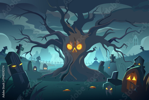 Spooky Halloween night scene with a haunted house, dark trees, and flying bats under an orange moon, perfect for a festive autumn celebration illustration