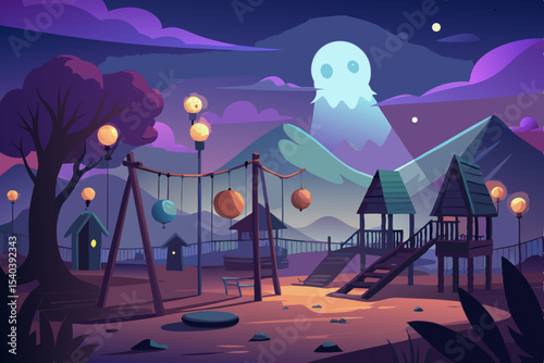 Spooky Halloween night landscape with a haunted house, moon, and bats, a dark vector illustration
