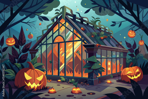 Spooky Halloween night with pumpkins, bats, and a dark castle silhouette under an orange moon, perfect for a scary autumn celebration design